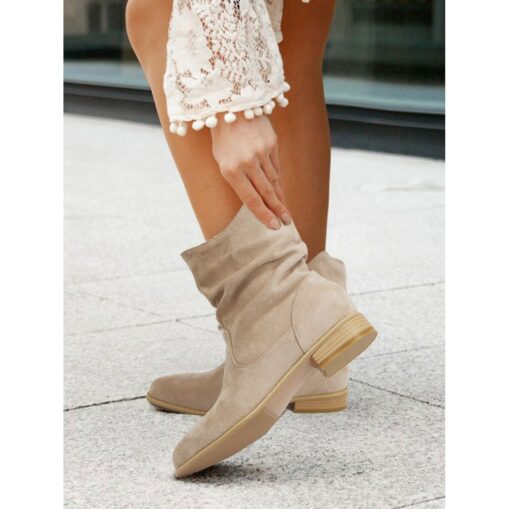 Women's Beige Suede Slouchy Ankle Boots – Casual and Comfortable Low Heel Western Style Booties 2025