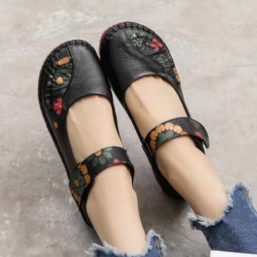 Women's Red Leather Barefoot Mary Jane Flats – Embroidered Floral Casual Comfort Shoes with Hook & Loop Straps 2025 - Image 2