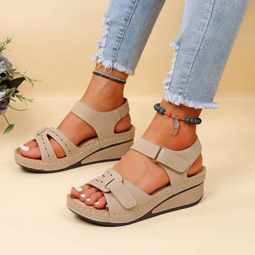 Women's Beige Wedge Sandals - Casual Open-Toe Summer Shoes with Adjustable Straps and Comfortable Sole for Everyday Wear 2025