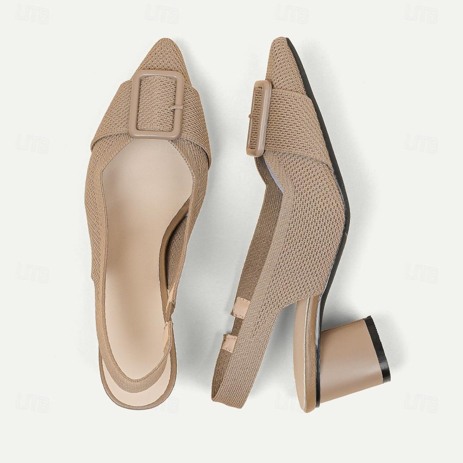Women's Heels Plus Size Flyknit Shoes Wedding Outdoor Office Striped Buckle Block Heel Pointed Toe Fashion Classic Comfort Walking Knit Loafer Almond - Image 9