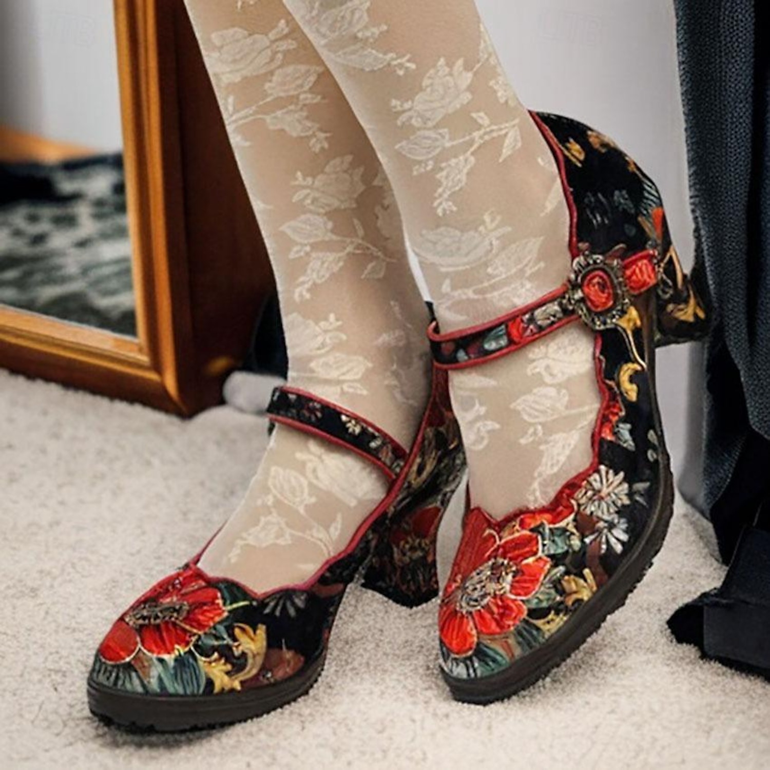 Women's Vintage Floral Mary Jane Heels – Premium Cowhide Leather Block Heel Shoes for Retro Style and Casual Wear 2025 - Image 2