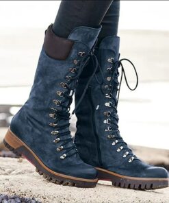 Women's Navy Suede Lace-Up Combat Boots with Side Zipper and Rugged Sole - Stylish High-Cut Boots for Winter and Outdoor Adventures 2025