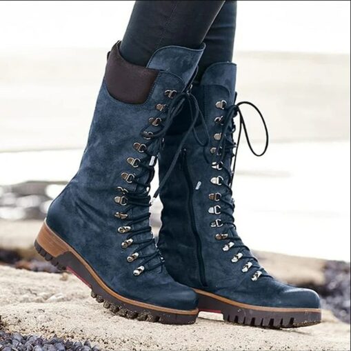 Women's Navy Suede Lace-Up Combat Boots with Side Zipper and Rugged Sole - Stylish High-Cut Boots for Winter and Outdoor Adventures 2025
