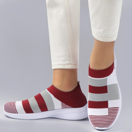 Women's Casual Slip-On Breathable Pink and Gray Striped Sneakers - Comfortable Walking Shoes 2025 - Image 5