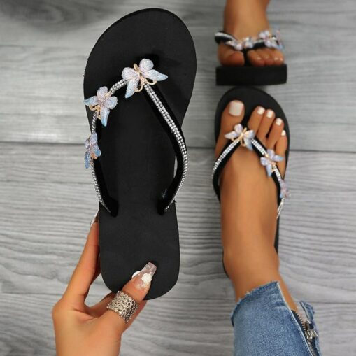 Women's Flip Flops Ladies Wedge Sandals Summer Comfortable Soft Slippers Platform Sandals Flat Slides Shoes Butterfly Rhinestone Thong Straps Clip Toe - Image 4