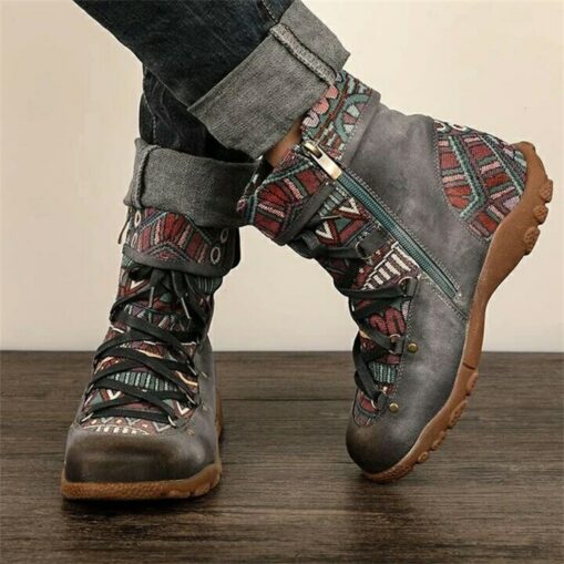 Women's Ethnic Style Lace-Up Ankle Boots with Multicolor Tribal Pattern and Suede Accents, Comfortable Casual Footwear for Outdoor Adventures 2025 - Image 2