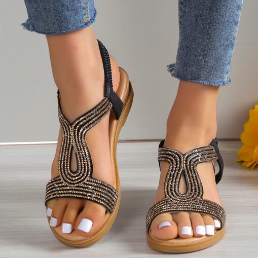 Women's Gold Rhinestone-Embellished Flat Sandals with Elastic Strap – Stylish and Comfortable Summer Shoes for Casual and Party Wear 2025 - Image 2