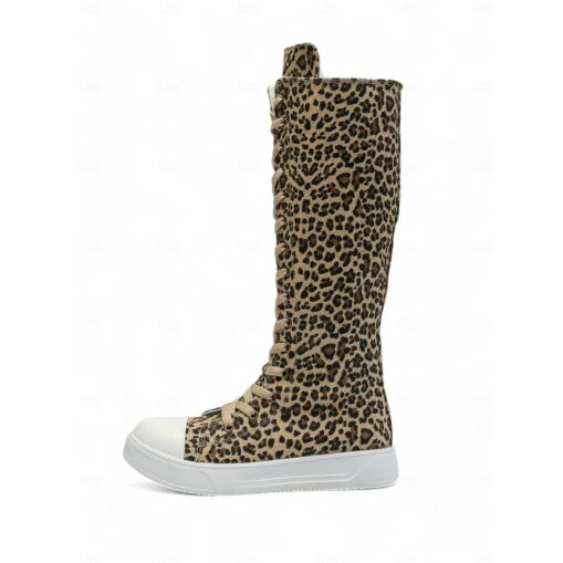 Women's Black Canvas Knee-High Lace-Up Boots with White Sole – Retro-Style Casual Footwear for Everyday Wear and Street Fashion 2025 - Image 2