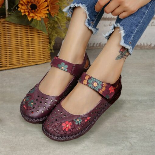 Women's Red Leather Barefoot Mary Jane Flats – Embroidered Floral Casual Comfort Shoes with Hook & Loop Straps 2025 - Image 6