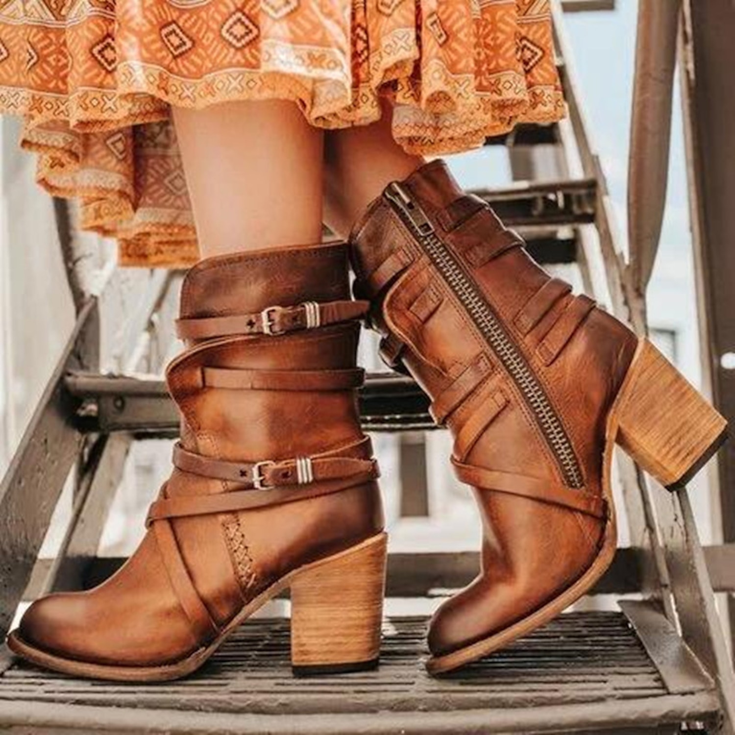Women's Black Faux Leather Ankle Boots with Zipper and Strap Detailing, Stylish Mid-Heel Boots for Casual and Western Wear 2025 - Image 3