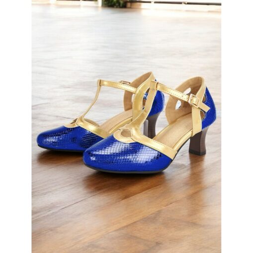 Women's Green and Gold T-Strap Shoes with Snakeskin Pattern Mid Heel and Vintage Style for Ballroom Performances and Formal Events 2025 - Image 4