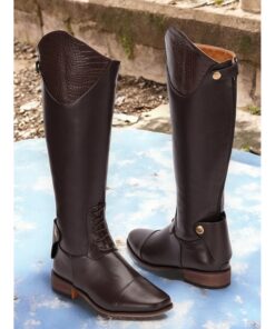 Women's Brown Leather Knee-High Riding Boots with Crocodile Pattern Accents, Stylish and Durable for Equestrian and Outdoor Wear 2025
