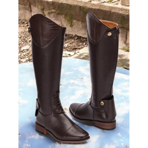Women's Brown Leather Knee-High Riding Boots with Crocodile Pattern Accents, Stylish and Durable for Equestrian and Outdoor Wear 2025