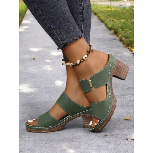 Women's Green Block Heel Double Straps Sandals - Comfortable Shoes for Casual Outings and Summer Wear 2025