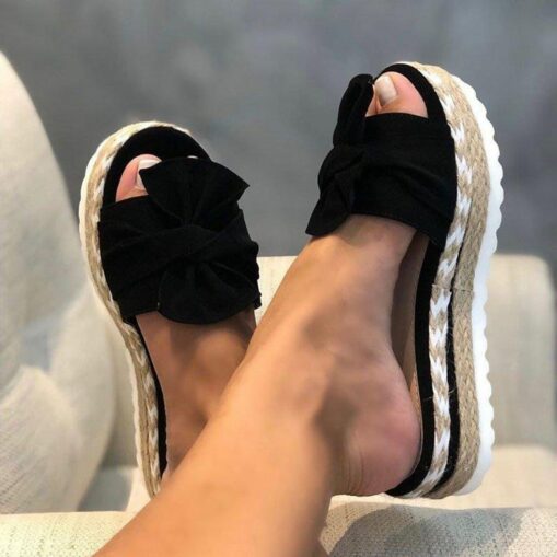 Yellow Women's Platform Sandals with Bow Detail and Woven Espadrille Sole for Stylish Summer Wear 2025 - Image 4