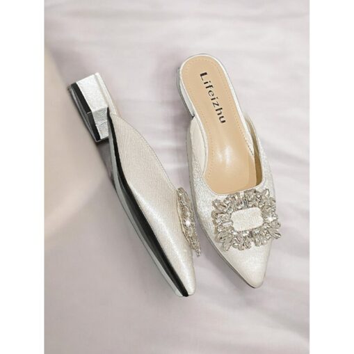 Women's Black Satin Pointed-Toe Mules with Rhinestone Buckle - Elegant Slip-On Flats for Evening and Formal Occasions 2025 - Image 2