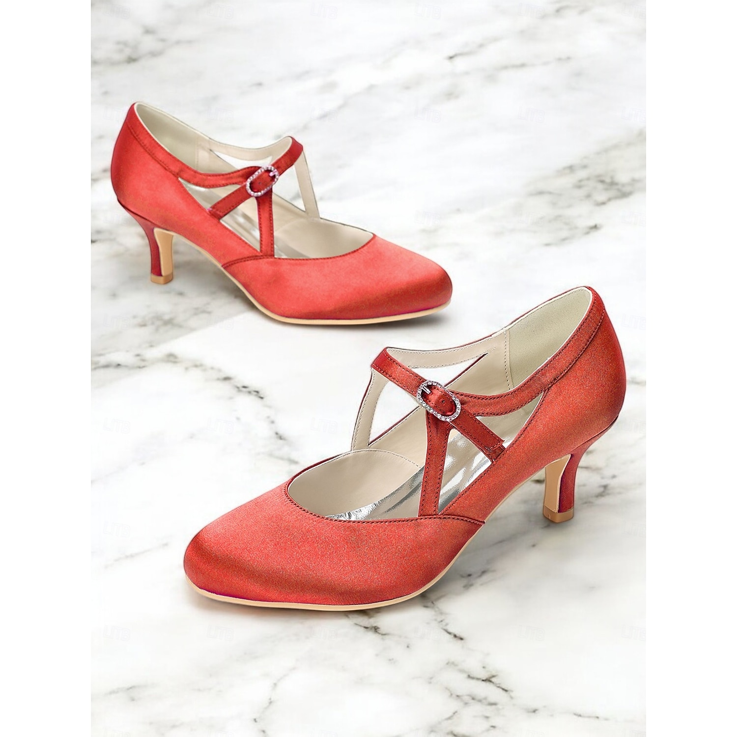 Women's Sage Green Satin T-Strap Heels – Vintage Mid Heel Pumps with Buckle Closure, Elegant Shoes for Weddings & Ballroom Dance 2025 - Image 5