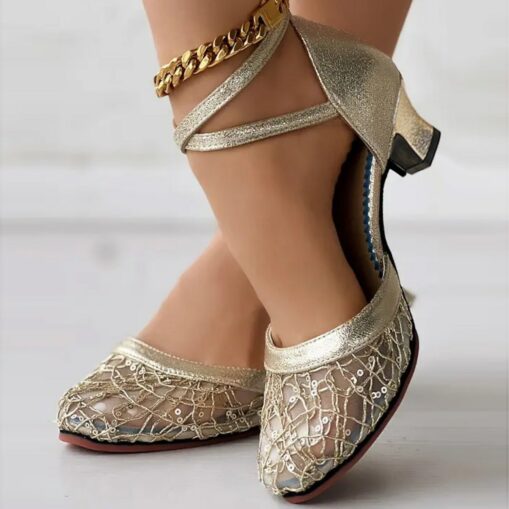 Women's Gold Silver Lace Ballroom Dance Shoes with Ankle Strap and Mid Heel for Latin and Salsa Dancing 2025 - Image 5