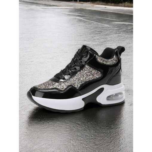 Women's Glitter Platform Sneakers with Air Cushion Sole – Sparkling Black Lace-Up Athletic Shoes for Casual and Party Wear 2025