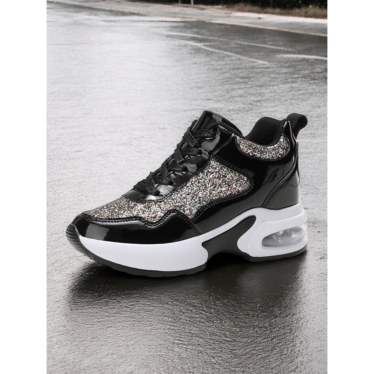 Women's Glitter Platform Sneakers with Air Cushion Sole – Sparkling Black Lace-Up Athletic Shoes for Casual and Party Wear 2025