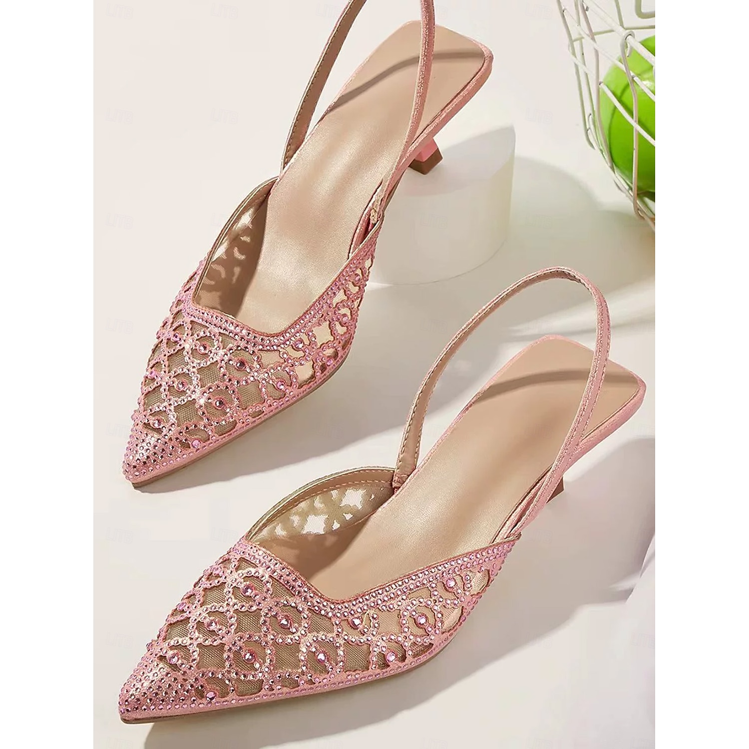 Pink Glitter Mesh Slingback Heels with Cut-Out Design and Low Kitten Heels for Formal Events and wedding 2025 - Image 2