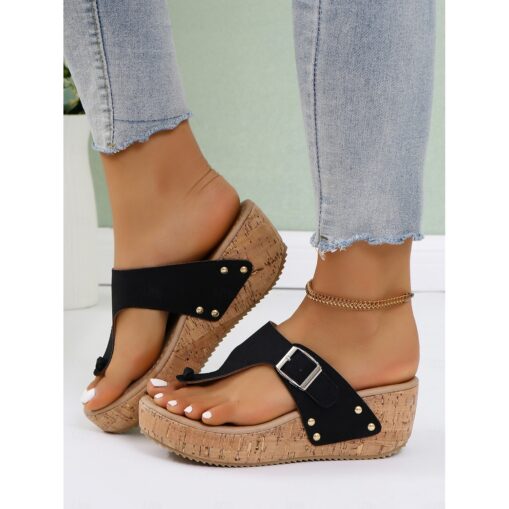Women's Blue Wedge Sandals with Buckle Strap and Stud Details, Comfortable Summer Shoes for Casual and Beach Wear 2025 - Image 3