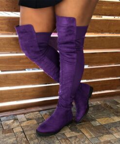 Women's Purple Over-the-Knee Faux Suede Boots – Flat Heel Stretchy Thigh-High Fashion Boots for Fall and Winter 2025