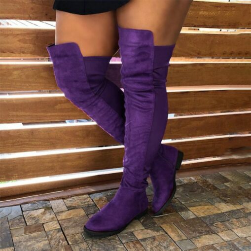 Women's Purple Over-the-Knee Faux Suede Boots – Flat Heel Stretchy Thigh-High Fashion Boots for Fall and Winter 2025