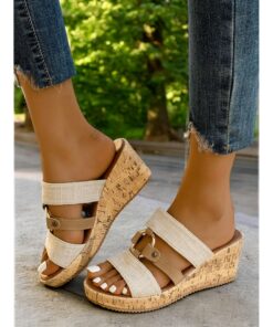 Women's Beige Wedge Sandals – Stylish Summer Slip-On Sandals with Buckle Straps for Casual & Beach Wear 2025