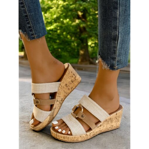 Women's Beige Wedge Sandals – Stylish Summer Slip-On Sandals with Buckle Straps for Casual & Beach Wear 2025