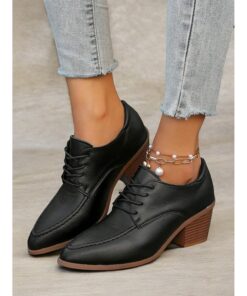 Women's Black Faux Leather Lace-Up Oxford Shoes with Block Heel - Stylish Casual Dress Shoes for Everyday and Office Wear 2025