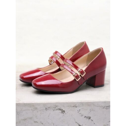 Women's Cream Patent Leather Mary Jane Block Heels with Double Buckle Straps, Vintage-Inspired for Formal and Casual Wear 2025
