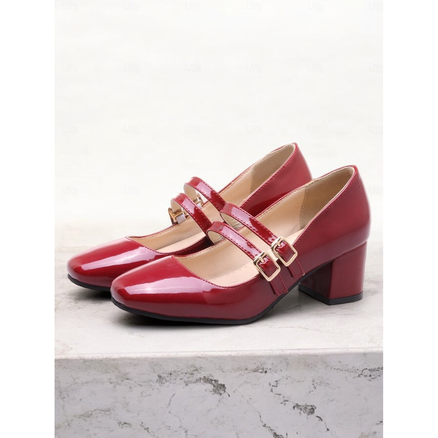 Women's Cream Patent Leather Mary Jane Block Heels with Double Buckle Straps, Vintage-Inspired for Formal and Casual Wear 2025