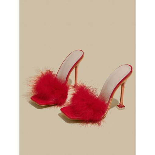 Women's Black Feather Stiletto Heels with Square Toe – Glamorous Wedding Shoes for Brides and Formal Evening Events 2025 - Image 4