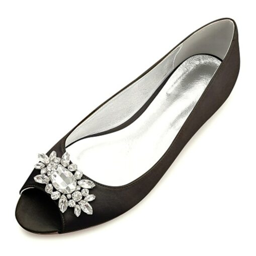 Women's Navy Blue Peep-Toe Flats with Rhinestone Embellishments – Elegant Satin Shoes for Weddings, Parties, and Formal Events 2025 - Image 3