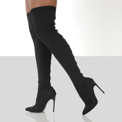Women's Over-the-Knee Stiletto Boots with Stretch Fabric, Sleek Thigh-High Style for Evening Wear and Club Outfits 2025