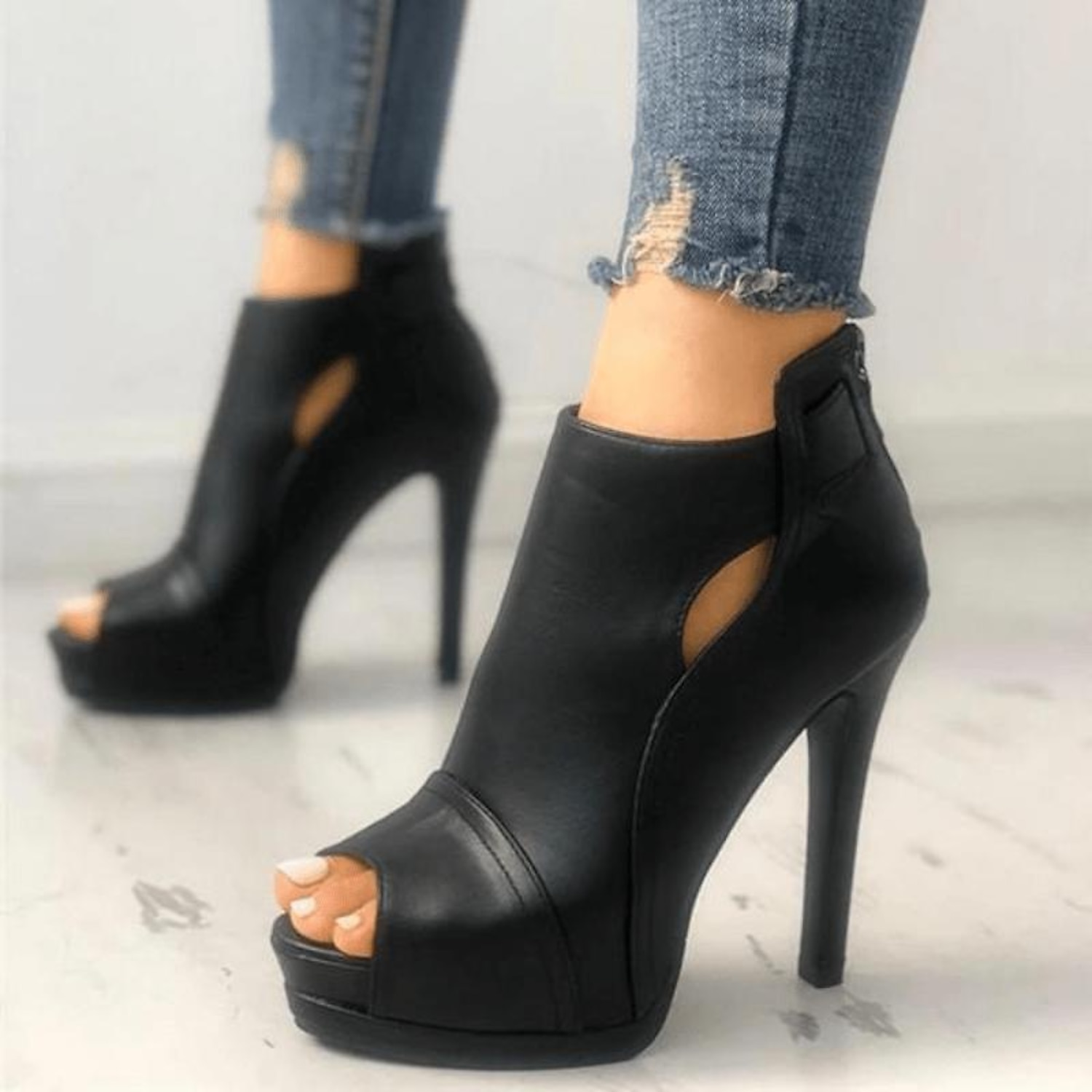 Women's Sexy Black Peep-Toe Stiletto Heels with Cut-Out Design – Faux Leather Platform Ankle Boots for Party and Evening Wear 2025
