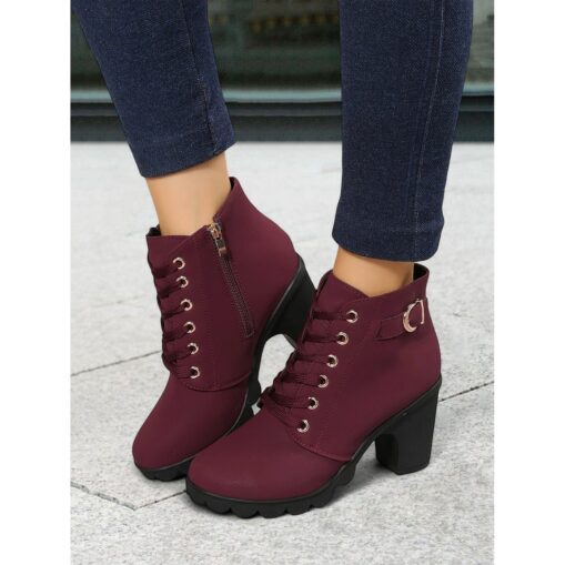 Women's Green Lace-Up Ankle Boots with Buckle Detail – Chunky Heel Combat Style for Casual and Outdoor Wear 2025