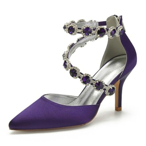Purple Satin Women's High Heel Shoes with Rhinestone Embellishments and Ankle Straps for Weddings and Formal Events 2025