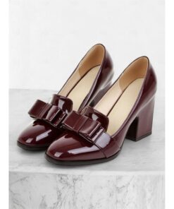 Women's Patent Leather Chunky Heel Pumps with Bow Accent – Elegant and Versatile Office Shoes 2025