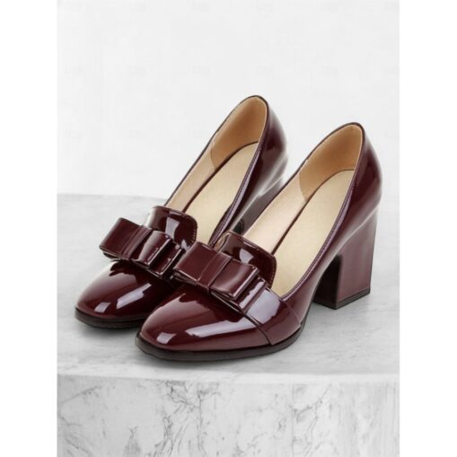 Women's Patent Leather Chunky Heel Pumps with Bow Accent – Elegant and Versatile Office Shoes 2025