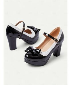 Women's Black and White Mary Jane Heels with Bow Detail - Vintage Platform Pumps with Ankle Strap for Cosplay and Retro Outfits 2025