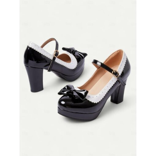 Women's Black and White Mary Jane Heels with Bow Detail - Vintage Platform Pumps with Ankle Strap for Cosplay and Retro Outfits 2025