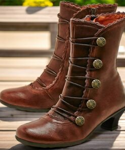 Women's Brown Vintage Victorian Lace-Up Ankle Boots with Button Details and Mid Heel for Cosplay, Historical Reenactments, and Everyday Wear 2025