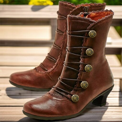 Women's Brown Vintage Victorian Lace-Up Ankle Boots with Button Details and Mid Heel for Cosplay, Historical Reenactments, and Everyday Wear 2025