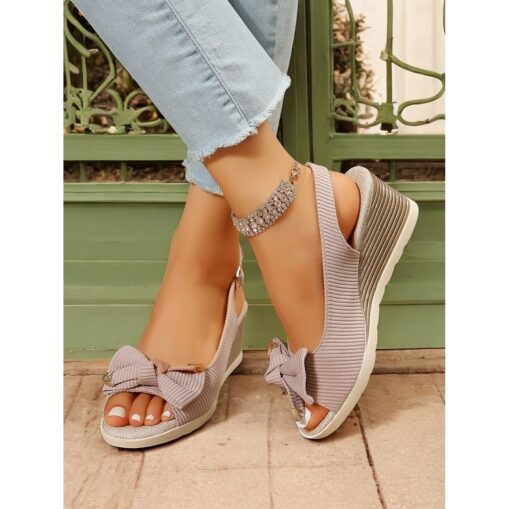 Women's Beige Wedge Sandals with Bow Accent, Open-Toe Design, Comfortable Slingback Style for Casual Summer Outings and Beachwear 2025 - Image 2
