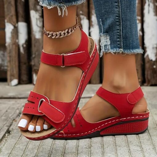Women's Sandals Wedge Sandals Daily Vacation Chunky Heel Peep Toe Vacation Casual Comfort PU Magic Tape Black Red Brown 2025 - Image 2