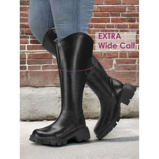 Women's Extra Wide Calf Knee-High Boots – Comfortable Black Faux Leather with Rugged Sole, Perfect for Outdoor Adventures and Everyday Wear 2025
