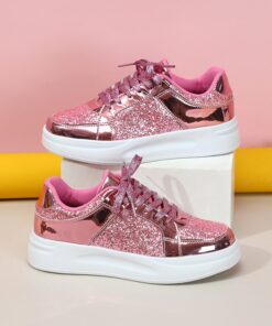 Women's Sparkly Pink Glitter Sneakers with Lace-Up Closure and Comfortable Sole - Perfect for Casual Wear and Parties 2025