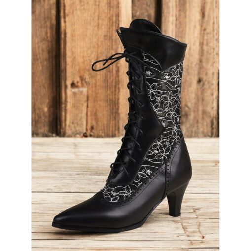 Women's Victorian Black Lace-Up Mid-Calf Boots with Floral Lace Panels – Vintage-Inspired Heeled Boots for Formal and Casual Occasions 2025 - Image 2